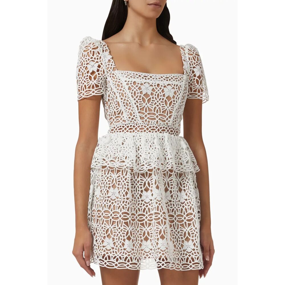 NWT Self-Portrait White Guipure Lace Tiered Peplum Mini Dress UK 12 US 8